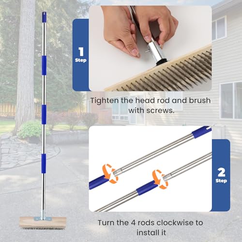 Image of Deck Brush Stainless Steel, Deck Scrub Brush with Long Handle, 75 inch Heavy Duty Wire Broom Brush for Cleaning Moss, Patio, Concrete Floor, Garden, Outdoor Stain