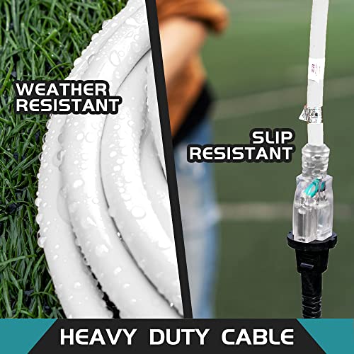 Honderson 15Ft 12/3 Lighted Outdoor Extension Cord - 12 Gauge 3 Prong Sjtw Heavy Duty White Extension Cable With 3 Prong Grounded Plug For Safety,Ul Listed #TOP3