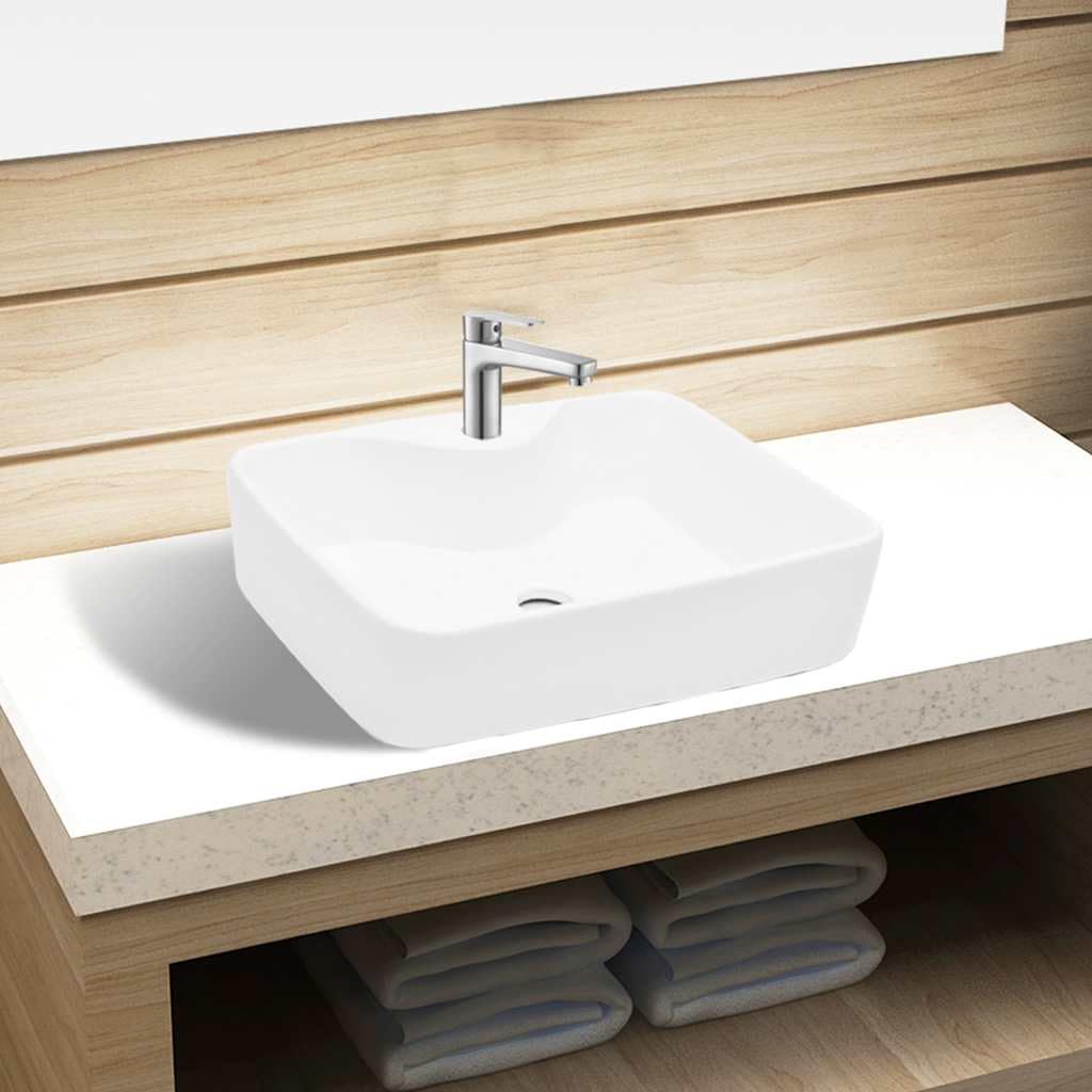 Ceramiczna umywalka kwadratowa biała z otworem na kran | Do pralni i toaletki, otwór odpływowy 4,5 cm, powierzchnia o wysokim połysku