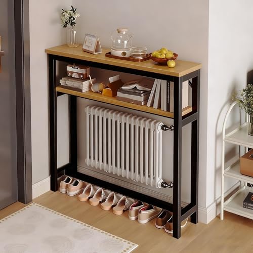Estante multifuncional para radiador, mesa consola de 2 niveles, mesa de entrada delgada con marco de metal para sala de estar y pasillo (negro, 31 x 8 pulgadas), diseño que ahorra espacio