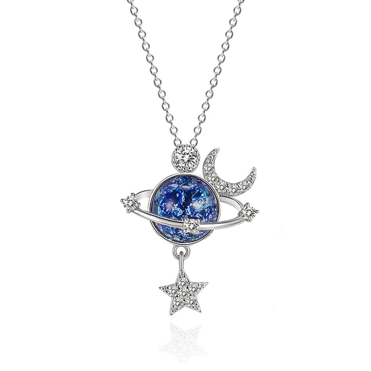 – Star Necklace, 925 Silver Zircon Star Moon Fantasy Planet Necklace, Gift for Daughter, Granddaughter and Ladies, Friendship, Family, Love Jewelry