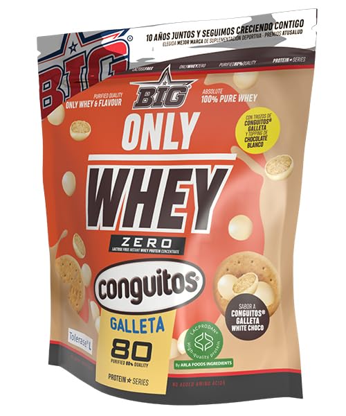 BIG - Proteinas Whey - Proteina en Polvo para Desarrollo de Masa Muscular y Recuperación - Materia Prima Premium - Whey Protein Sin Lactosa, Sin Azúcar, Sin Grumos (250g, Conguitos Galleta White)