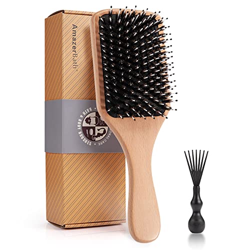 AmazerBath Wooden Paddle Brush, Boar Bristle Hair Brush for Women Men, Wooden Brush for Thick Hair, Strengthen and Detangle Hair, Reduce Hair Loss, Massage Scalp, Gift Box and Cleaning Tool Included