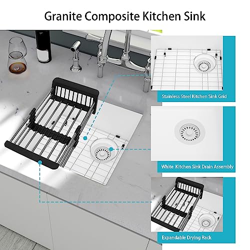 Image of White Bar Sink,White Granite Composite Kitchen Sink With Accessories,19 Inch Undermount Quartz Stone Kitchen Sinks, 19 inch x 17 inch x 9 Small Kitchen Sink with Offset Drain