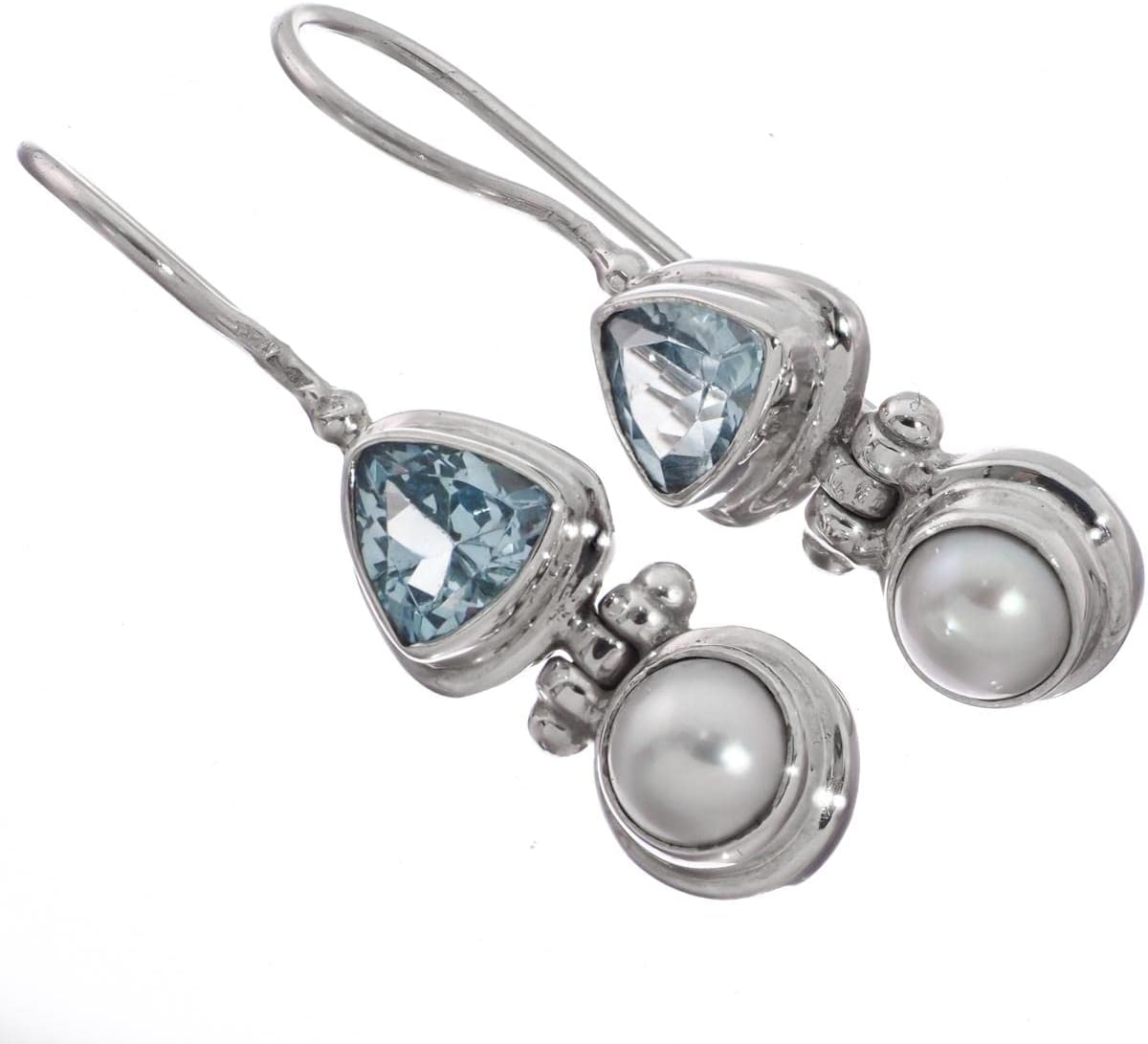 Trillion Blue Topaz Freshwater Button Cultured Pearl 925 Silver Earrings, 3/4"
