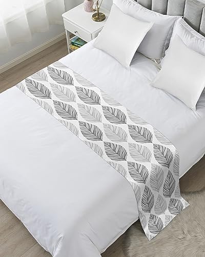 Grey Leaves Bed Runners for Cal King Size Bed, Decorative Bed Throws for Foot of Bed, Gray Summer Tropical Aesthetics Bed Runner Sofa Throw Bedding Scarf Protector Slipcover for Bedroom/Hotel