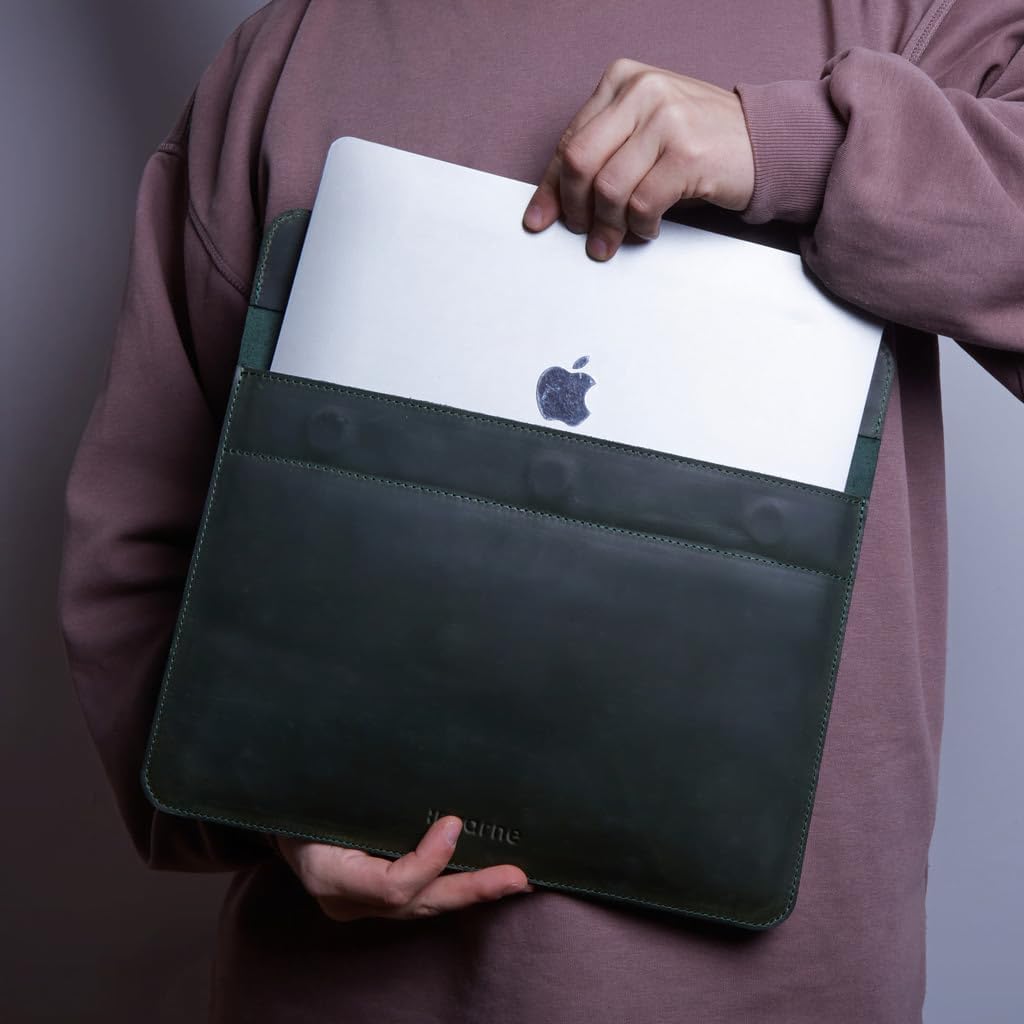 Green Laptop Cases Leather Made for MacBook Pro 14 M3 Sleeve - Carrying Protective Case Compatible with MacBook Pro 14" M1 M2 M3 M4 Max A2442 A2779 A2992 A2918 A3402 Genuine Vintage Leather, Green