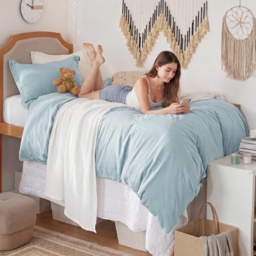 Image of Bedsure Prewashed Twin Duvet Cover, Cotton-Like Bedding Set, Baby Blue | Ultra Soft, Relaxed Texture, Twin XL Breathable Comfort, Hidden Zipper, 8 Corner Ties, Easy Care, Year-Round Use
