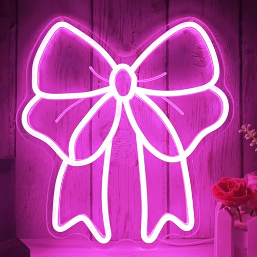 Image of Pink Bow Neon Sign Bows Neon Lights for Bedroom Dimmable Coquette Ribbon Bow Birthday Decorations Pink Wall Art Bow Wall Decor Led Sign Gifts for Girls Party