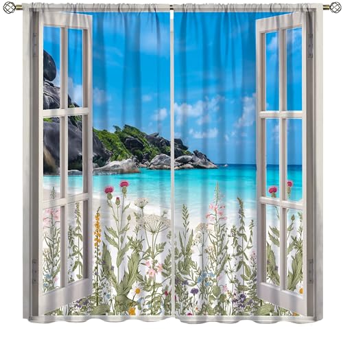 AAVEUP Beach Curtains for Kitchen,Leisure Tropical Summer Sun Sand Sea Countryside Flower Ocean View Window Drapes for Boys Girls Bedroom Living Room Bathroom 42x45in（No Blackout）
