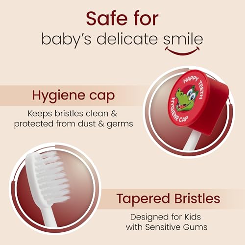 Image of LuvLap Croco Baby Toothbrush with Extra Soft Bristles, Gentle on Enamel, Easy To Hold, Rounded Head Brush For Kids with Hygiene Cap, BPA Free, Toothbrush for Kids, Baby Brush for 1+ Years, Pack of 2