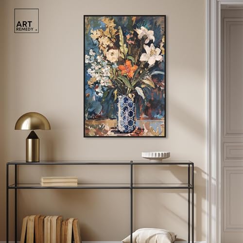 Image of Art Remedy Blue Floral Vase Canvas Floral Vase Wall Art, Black Frame, 24 inch x 36 inch