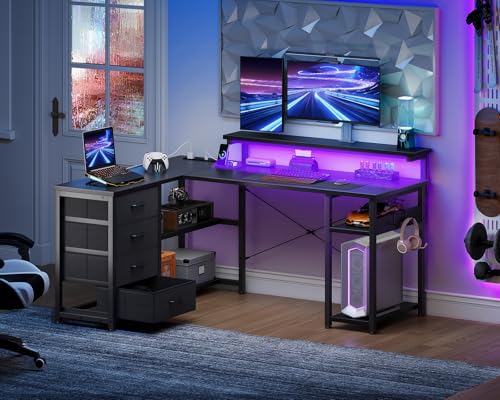 AODK ゲーミングデスク 引き出し4杯付き パソコンデスク コンセント付き l字デスク デスク 机 幅135*110 pcデスク 棚付き desk 収納 オフィスデスク 仕事用 在宅勤務 組立簡単 ブラック [2]