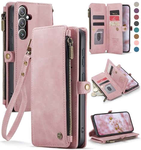 Defencase for Galaxy S25 Case Wallet with RFID Blocking Card Holder for Women Men, Elegant PU Leather Magnetic Snap Flip Wristlet Strap Zipper Wallet Phone Cases for Samsung Galaxy S25 5G 6.2', Pink