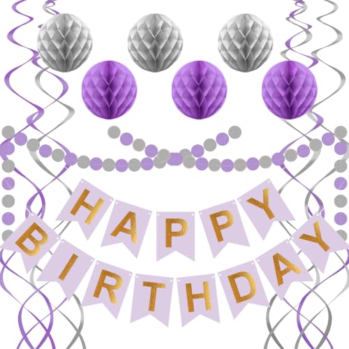 Image of Purple Silver Birthday Decorations, Happy Birthday Banner with Honeycomb Balls, Circle Dot Garland and Hanging Swirl Decorations for Women Men Boys Girls (Purple Silver)