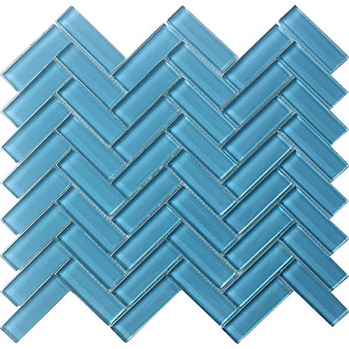 11"x 12.6" Sea Blue Herringbone Polished Glass Mosaic Tile (4.92