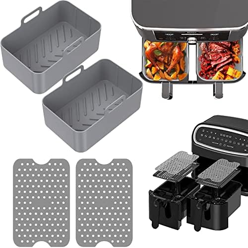 4 PCS Silicone Pot Set for Ninjas Dual Air Fryer, Non Stick Air Fryer Silicone Basket, Air Fryer Rack Accessories for Air Fryer, Oven, Microwave, Grey