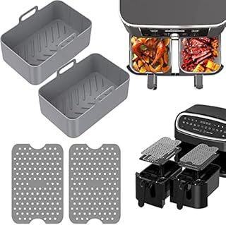 4 PCS Silicone Pot Set for Ninjas Dual Air Fryer, Non Stick Air Fryer Silicone Basket, Air Fryer Rack Accessories for Air Fryer, Oven, Microwave, Grey
