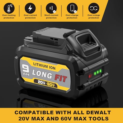 LONG FIT 4 Packs DCB609 Battery Replace for Dewalt 20V/60V 9.0AH Battery DCB606 DCB609 DCB612 Compatible with DeWalt 20V/60V Power Tools, Compatible with Dewalt Chargers