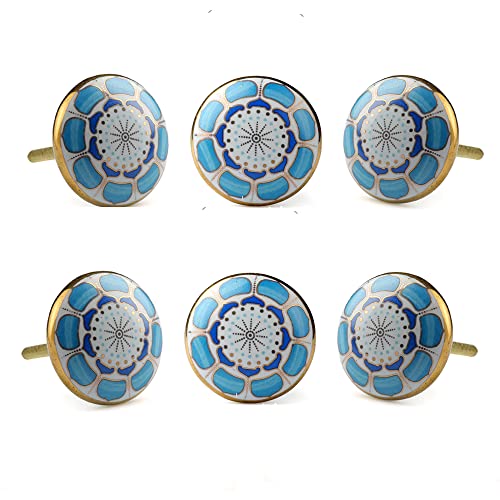 Perilla Home Set of 6 Knob Ceramic Decorative Knobs for Home Kitchen Cabinet Hardware Cupboard Door Dresser Wardrobe and Drawer Pulls (Marigold Light Blue)