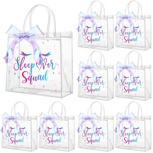 Wesnoy 24 Pcs Sleepover Clear PVC Gift Bags with Handle and Ribbon Sleepover Spa Party Favors Reusable Plastic Goodie Candy Treat Bags for Birthday Party Supplies Coquette Decorations