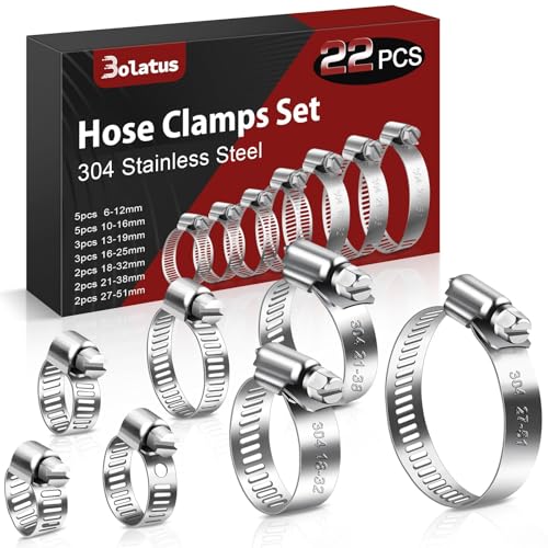 Bolatus Schlauchschellen Set 6-51mm, 22 Stk Schlauchklemme Edelstahl 304 Einstellbare Schraubschellen, 7 Größen Rohrschellen Sortiment für Poolschlauch, Haus Gas Rohr, Gartenschlauch