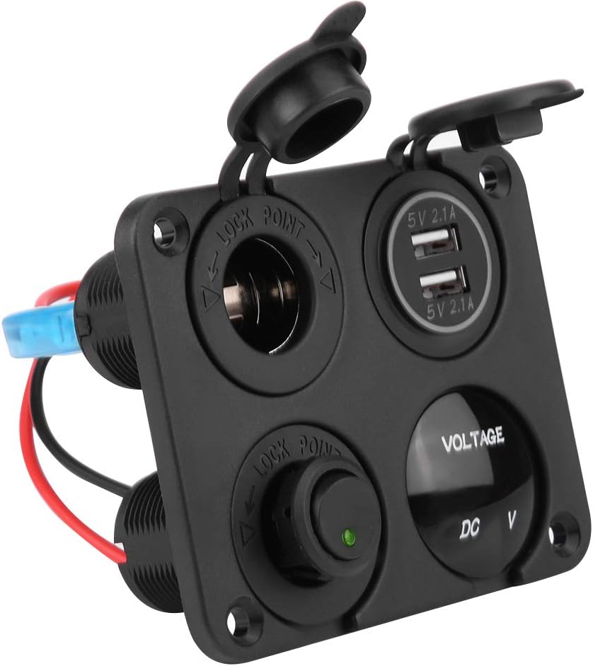 Keenso 4 Gang Marine Boat ON/Off Toggle Switch Panel & 4.2A Dual USB Socket & Voltmeter & Cigarette Lighter Blue LED Light(Green)