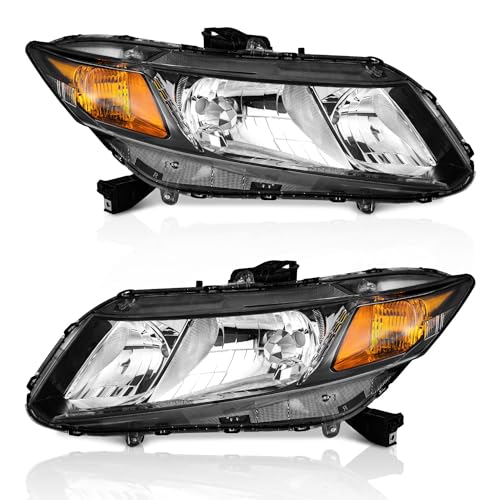 WEELMOTO for 2012-2015 Honda Civic 4Dr Sedan Headlights for 12-13 Honda Civic 2Dr Coupe Pair Headlamp Black Housing Amber Reflector Left+Right Side (Does NOT Fit Hybrid or Hybrid-L Models)