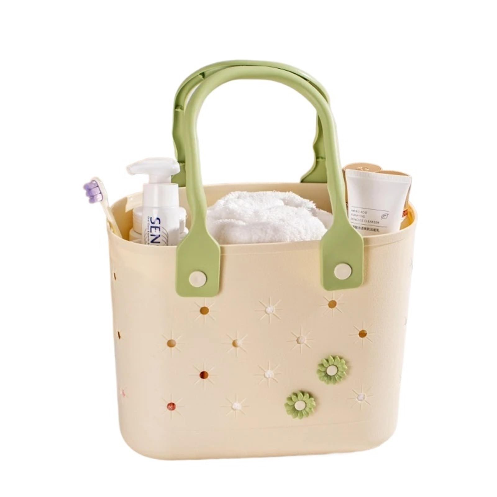 BAYNOPURIN Shower Bag Simple Storage Bathroom Basket Household Portable Hollow Drain Student Dormitory Bathing(Beige)