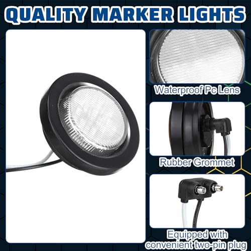 Image of Treela 16 Pcs 2 Inch LED Marker Lights 10 LEDs Round Trailer Light Waterproof Sealed with Rubber Flush Mount Grommet 2 Prong Wire Pigtails for RV Truck Semi Trailer Side Tail Lights(White)