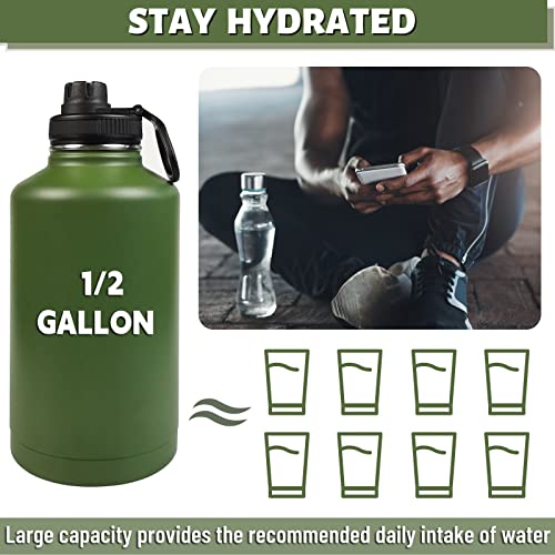 Image of 64 Oz Water Bottle with Sleeve - Military Green Half Gallon Insulated Water Jug with Handle - Stainless Steel Sports Bottle for Gym Workout Hiking Camo Black Pouch