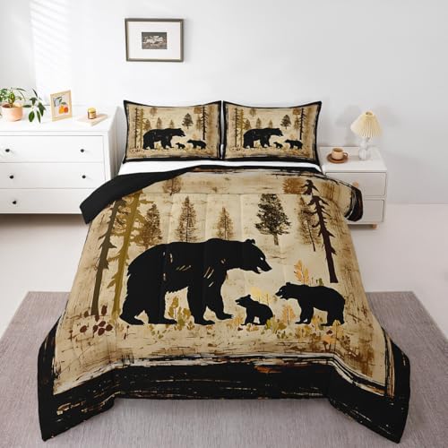 Image of Feelyou Bear Bedding Set for Kids Toddler Queen Size Black Bears Comforter Set Boys Girls Cabin Rustic Farmhouse Bedding Set Wildlife Duvet Set 3Pcs