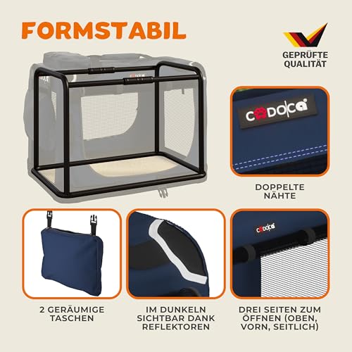 CADOCA® Hundebox faltbar Transportbox M 60x42x44cm robust atmungsaktiv Transporttasche Auto Rückbank Haustiertransportbox Hundetragetasche Navyblau