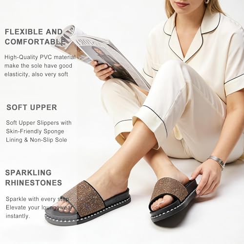 Image of Fur Story Womens Slides House Slippers Rhinestone Glitter Slides Cute bling Flat for Women Platform Sandals Cozy Bedroom Slippers Shower Shoes