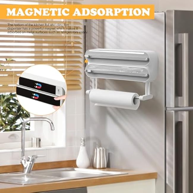 Magnetic Plastic Wrap Dispenser with Cutter - Refillable Aluminum Tin Foil and Plastic Wrap Organizer for Kitchen, Quasziwa Upgraded 3 in 1 Paper Towel Holder Wall Mount - Fits 12 Roll, White