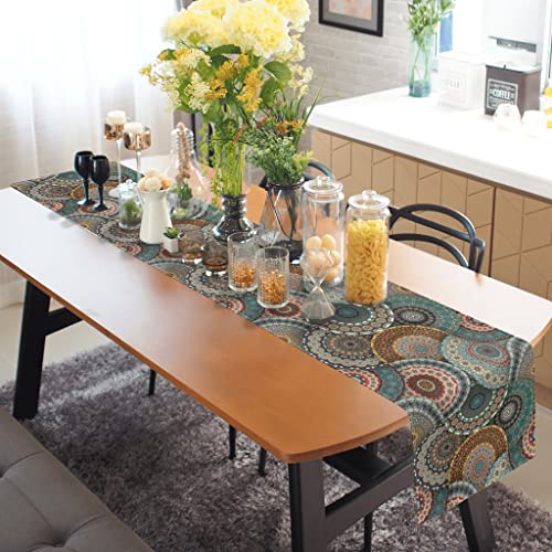 Fjpt Boho Mandala Floral Table Runner,Retro Tan Teal Flower Table Runner For Kitchen Party Living Room Holiday Décor 13X72'' #TOP5