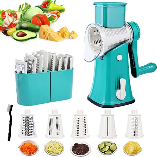 Luckore Rotary Cheese Graters 5 in 1 Cheese Grater with Handle Latest Upgrade Cheese Slicer with 5 Stainless Steel Drum BladesEasy to Use Julienne Shredder Waffle Slicers for FruitVegetables