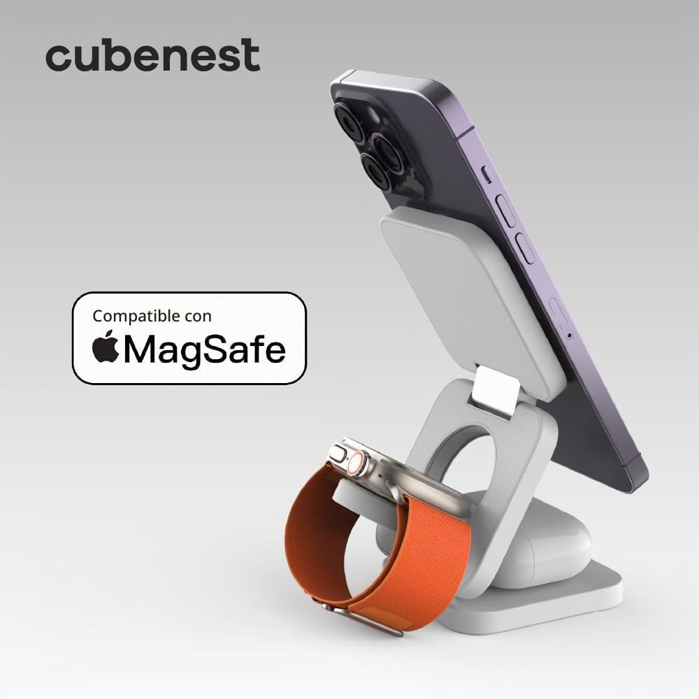 CubeNest Cargador inalámbrico magnético plegable 3 en 1 E310, compatible con MagSafe, compatible con iPhone 12/13/14/15, Apple Watch & AirPods | rotación de 360°, función de carga rápida de 20 W |