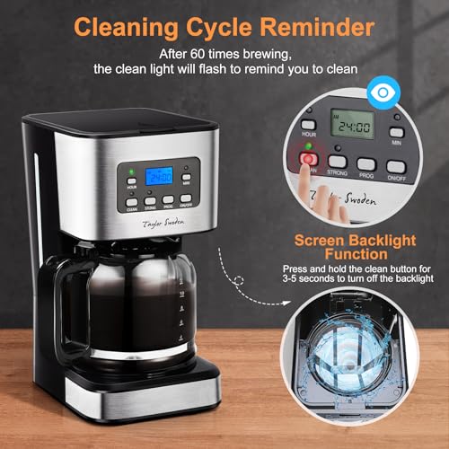 Taylor Swoden Darcy - Cafetera de goteo, pantalla LCD, filtro reutilizable, programable, función auto limpieza (descalcificación), capacidad 1,5L(12 tazas), función mantener caliente. Sin BPA. - imagen 5