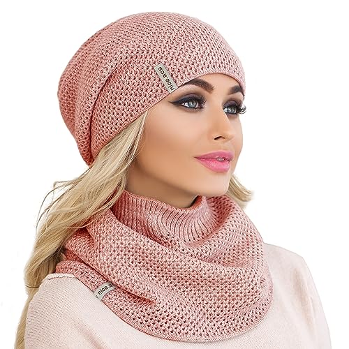 Hat and Scarf Set Women - Knit Slouchy Pink Beanie...