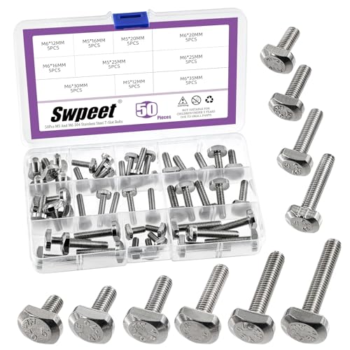 Swpeet 50Pcs 10 Sizes M5 M6 T Slot Drop-in Bolt Assortment Kit, Stainless Steel Thread T Slot Bolts, Hammer Head Bolt, T-Bolt, T Track Bolts, T Shape Stud Sliding Screw for Universal T Track