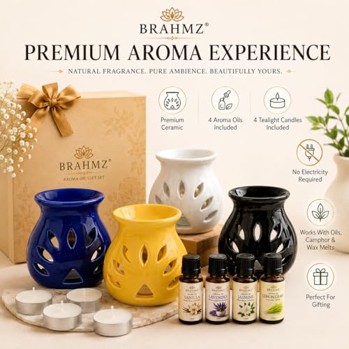 Image of BRAHMZ Ceramic Aroma Diffuser Set of 4 with 4 Tealight Candles | Essential Oil Burner for Home Fragrance | Tea Light Candle Diffuser | Aromatherapy Oil Warmer for Bedroom, Living Room, Office & Spa