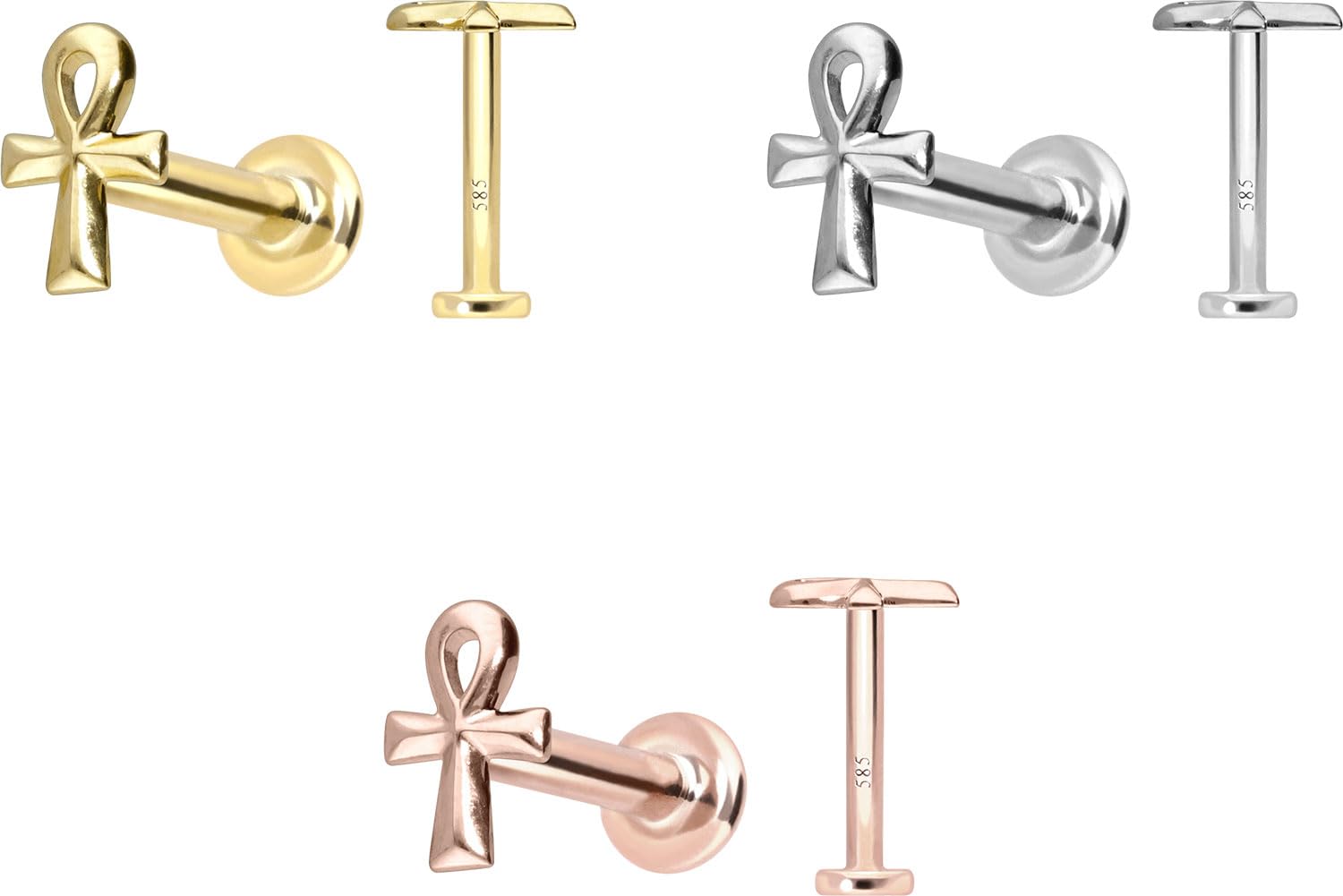 PIERCINGLINE 14 Karat Gold Labret Ohr-Piercing mit Push Fit ÄGYPTISCHES KREUZ Farb & Größenauswahl