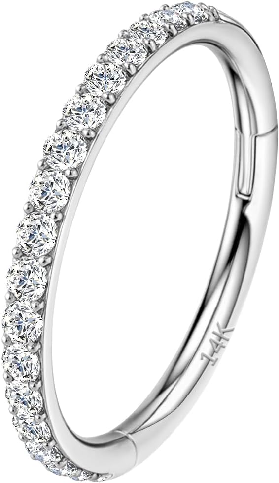 14k Gold 16G 18G 20G 8mm/10mm Septum Rings for Women & Men, CZ Simulated Diamond Rings for Nose, Helix, Rook, Tragus, Daith, Hypoallergenic, Hinged Segment Earring Hoop