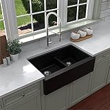 Karran Farmhouse Apron Front Quartz Composite 34 in. Double Offset Bowl Kitchen Sink in Black