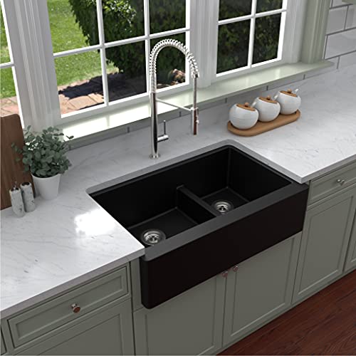 Karran Farmhouse Apron Front Quartz Composite 34 in. Double Offset Bowl Kitchen Sink in Black