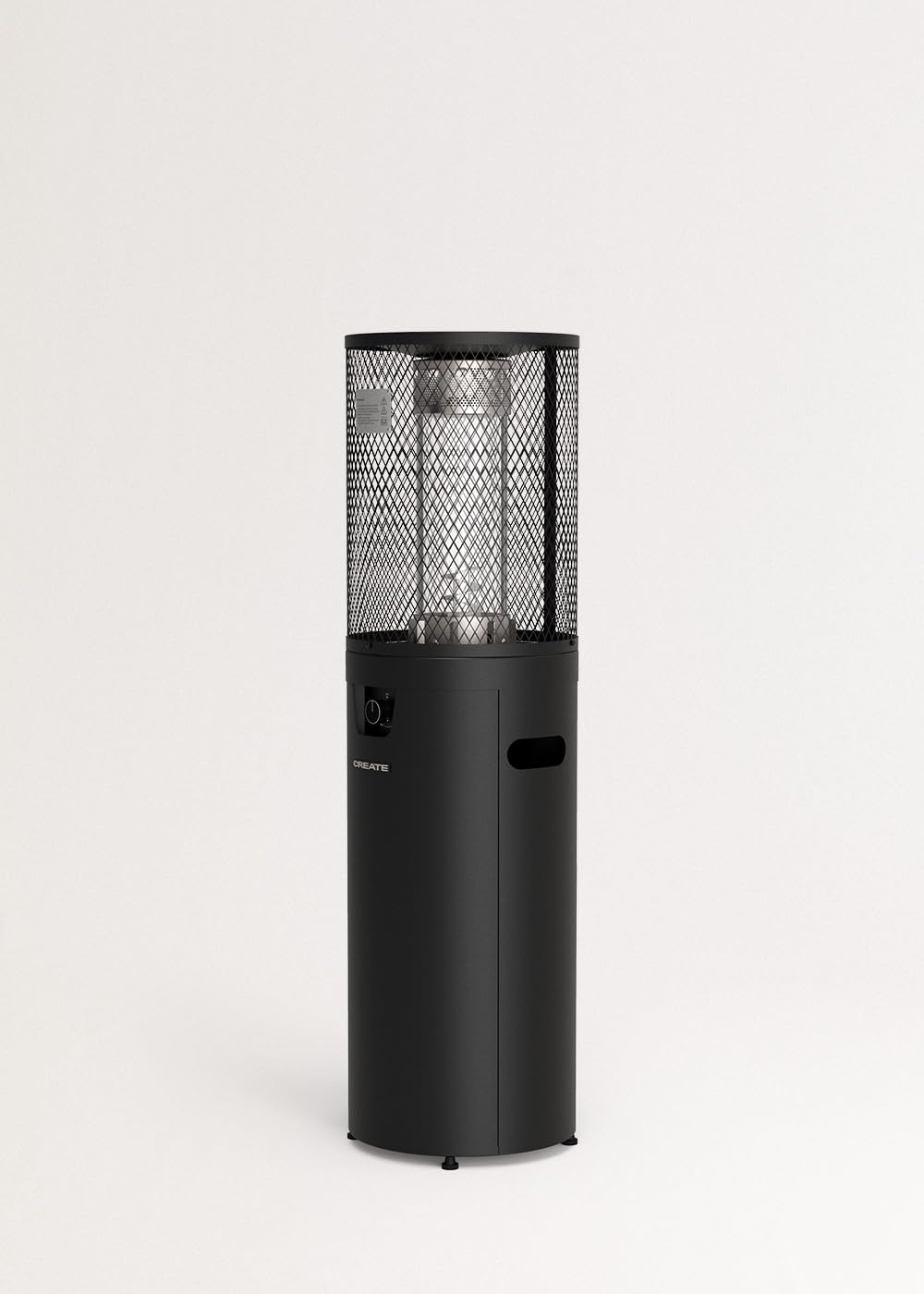 CREATE/FIRE ROUND HEATER/Calefactor de gas negro para terrazas y exteriores/Encendido eléctrico, llama regulable, sistema de seguridad, uso exterior, materiales resistentes, 8 kW