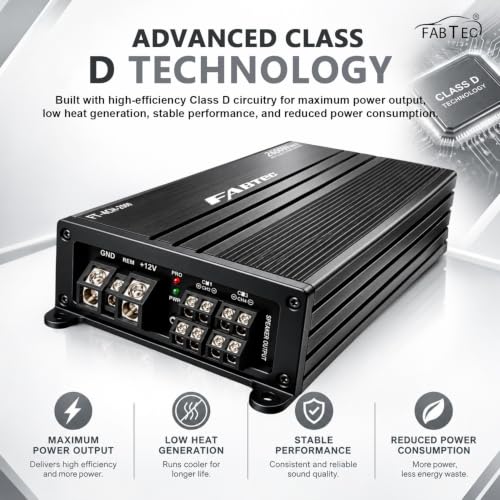 Image of FABTEC 4 Channel Compact Class D Car Amplifier - 125W RMS x 4 @ 4Ω, 500W RMS Total, 2600W Peak Power, 400W x 2CH Bridged @ 4Ω, 200W x 2CH @ 4Ω - Adjustable LPF, HPF & Gain Controls, DIY Audio Projects