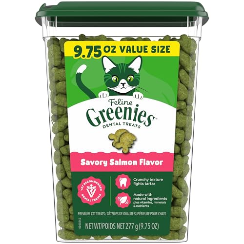 Greenies Cat Treats, Feline Veterinarian-Recommended Adult Natural Dental Cat Treats, Savory Salmon Flavor, 9.75 oz. Tub