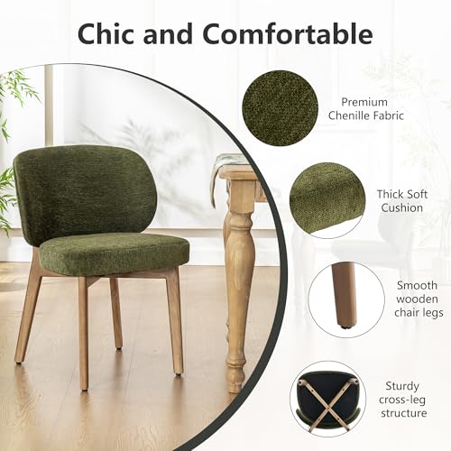 Image of YOUNIKE Dining Chairs Set of 4 Modern Kitchen Dining Room Chairs Green | Chenille Fabric Upholstered Armless Side Accent Chair with Back Wide Padded Seat Wooden Leg for Kitchen Dining Living Room